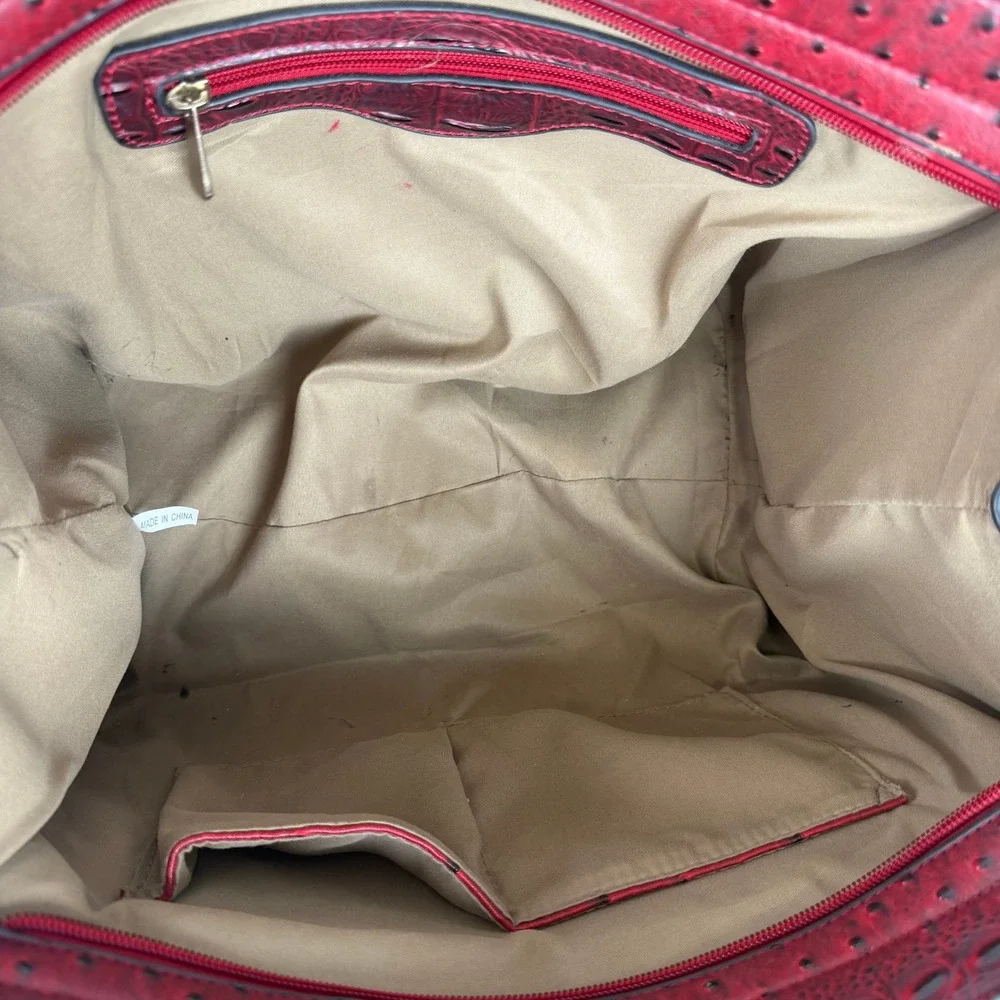Mia K Farrow Red Ostrich Crocodile Embossed Satchel Handbag Gold Hardware